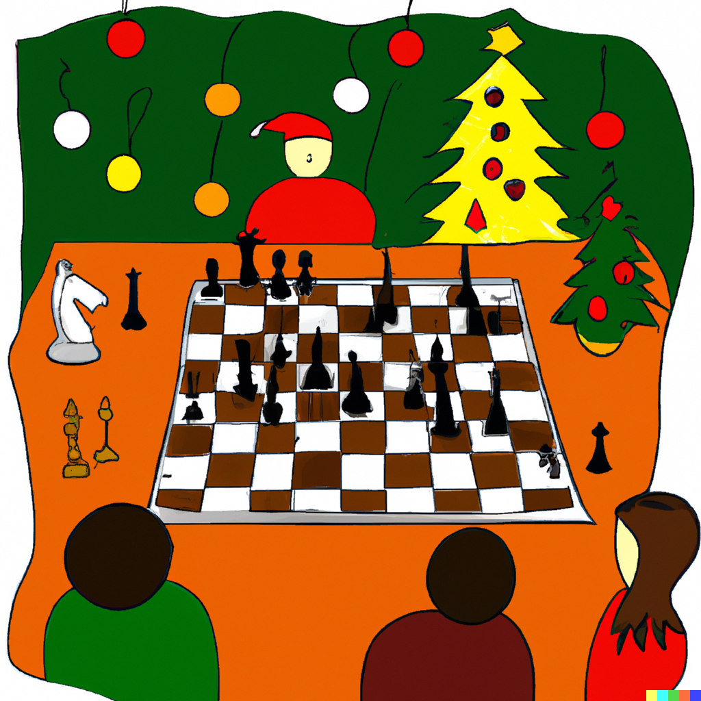 DALL·E 2023-12-14 23.30.13 – Colorful picture of people playing chess wit a Christmas theme